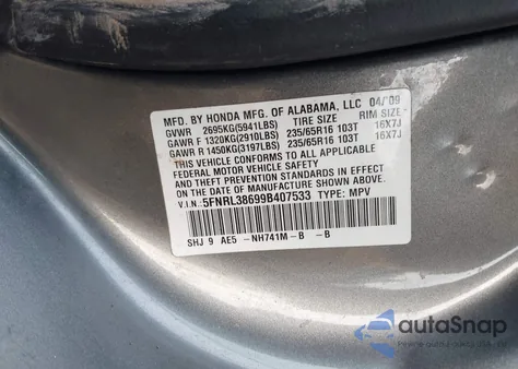 2009 Honda Odyssey Ex-L z USA, uszkodzony, nr VIN 5FNRL38699B407533